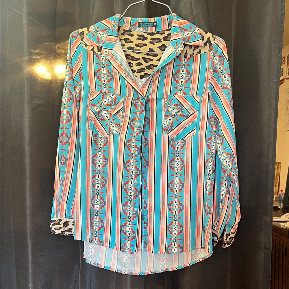 Vibrant Striped Button Down Shirt with Leopard Accents